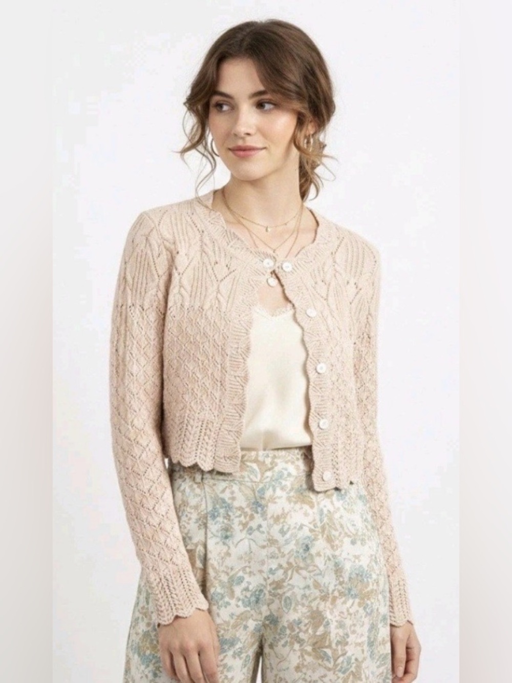 House Of Harlow 1960 Beige Cropped Crochet Knit Button Cardigan Sweater